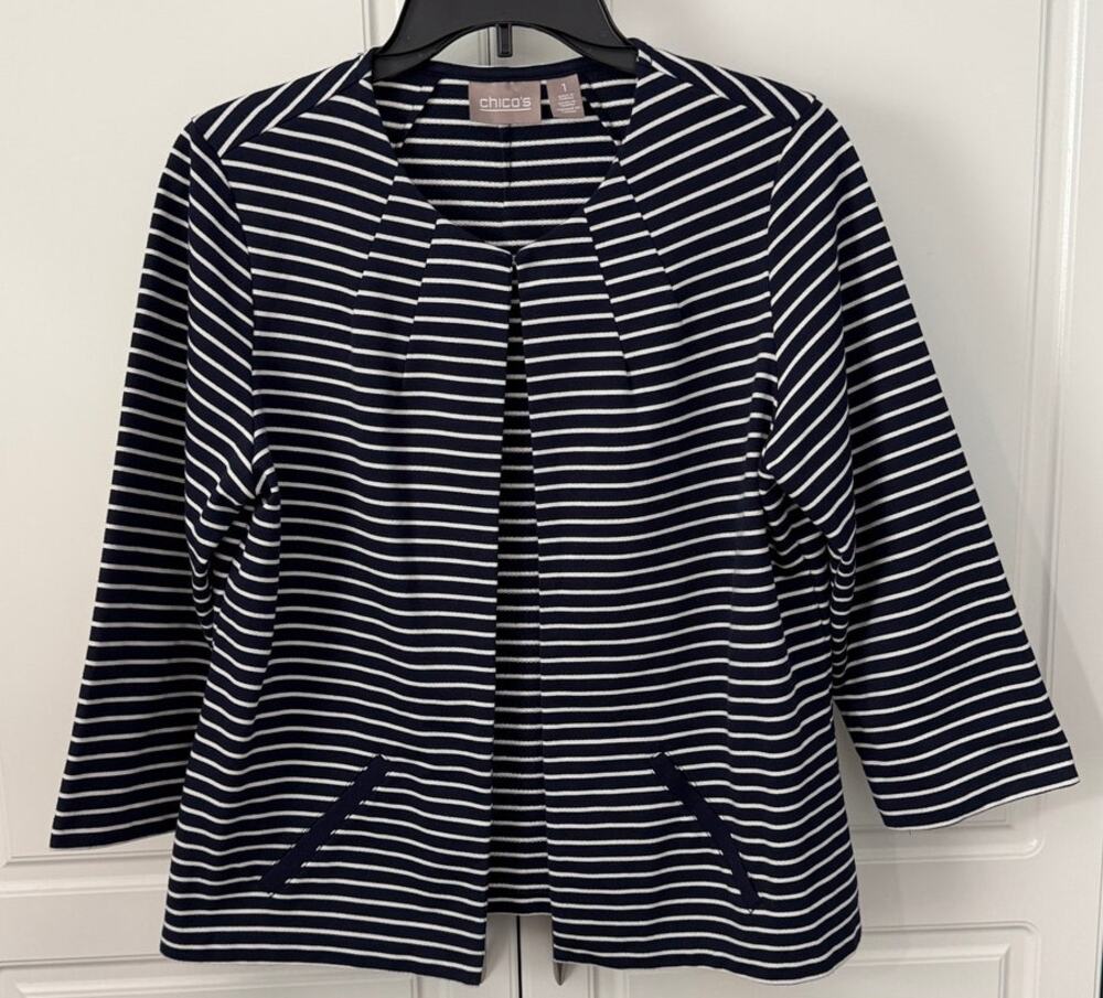 Chico's Blue/White Striped Cotton Blend Jacket Cardigan Size 1 (US 8)  NWOT